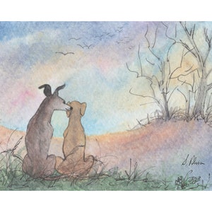 Greyhound, whippet dog 5x7 & 8x10 prints poster lurcher friends watch your back landscape from a Susan Alison watercolour painting galgo IG