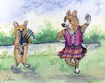 Welsh Corgi dog 5x7 and 8x10 art prints Scottish dancing bagpipes piper Highland fling from a Susan Alison watercolour painting musician