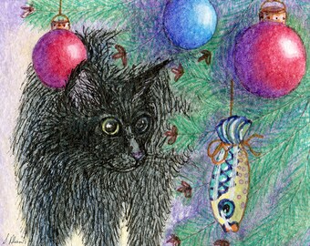 5x7 8x10 black cat print Xmas holidays season's greetings xmas tree chocolate fish decorations baubles from Susan Alison watercolor painting