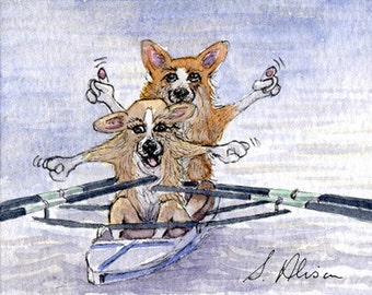 Welsh corgi dog 5x7 and 8x10 prints poster by Susan Alison print from a watercolour painting - The OlympiCorgi Games - rowing sport sculls