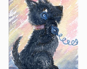 Scottish Terrier dog 8x10 and 5x7 inch signed print poster Aberdeen Scottie on phone telephone scam calls from painting by Susan Alison