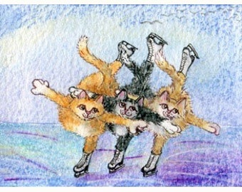 Cat kitten three musketeers ice skating 5x7 and 8x10 signed prints tuxedo ginger tabby figure from a Susan Alison painting trio of skaters