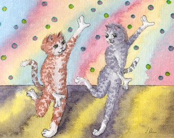 Prints of tabby cat 5x7 8x10 poster from watercolour painting Susan Alison tap dancing rhythm jazz Broadway dance soft-shoe sliding ginger