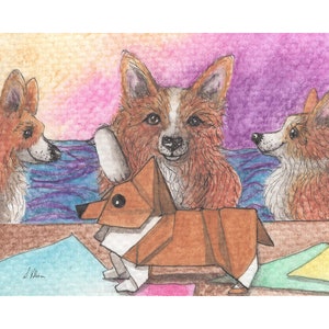 Welsh Corgi dog 5x7 and 8x10 print by Susan Alison from a watercolour painting craft art Japanese paper folding origami valley fold admiring