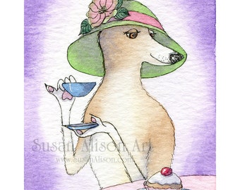 Whippet greyhound dog print 5x7  8x10 inch lurcher drinking afternoon tea wearing hat eating cake extended little pinkie finger Susan Alison
