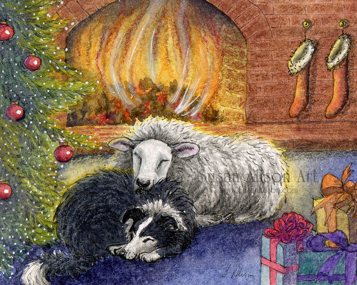 Border Collie dog 8x10 5x7 Susan Alison art print from watercolor painting sheepdog lying down with a lamb sheep ewe Xmas fire tree harmony