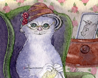 May include: A watercolor painting of a gray cat wearing a brown hat with red flowers and glasses, sitting in a green armchair and knitting with yellow yarn.