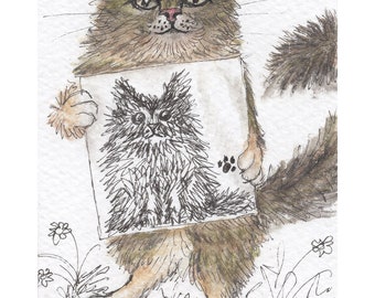 cat 5x7 & 8x10 inch print poster Maine Coon tabby cat artist from a Susan Alison painting portrait American longhair forest cat scribble art