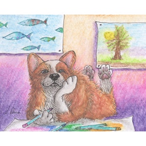 Welsh Corgi dog 5x7 & 8x10 print poster picture from Susan Alison watercolour painting drawing colouring mad zone book pages colour to relax