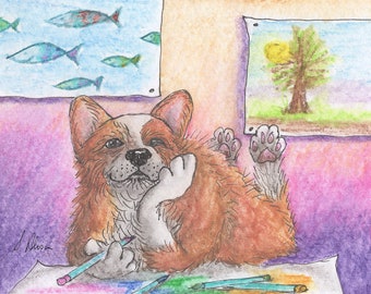 Welsh Corgi dog 5x7 & 8x10 print poster picture from Susan Alison watercolour painting drawing colouring mad zone book pages colour to relax