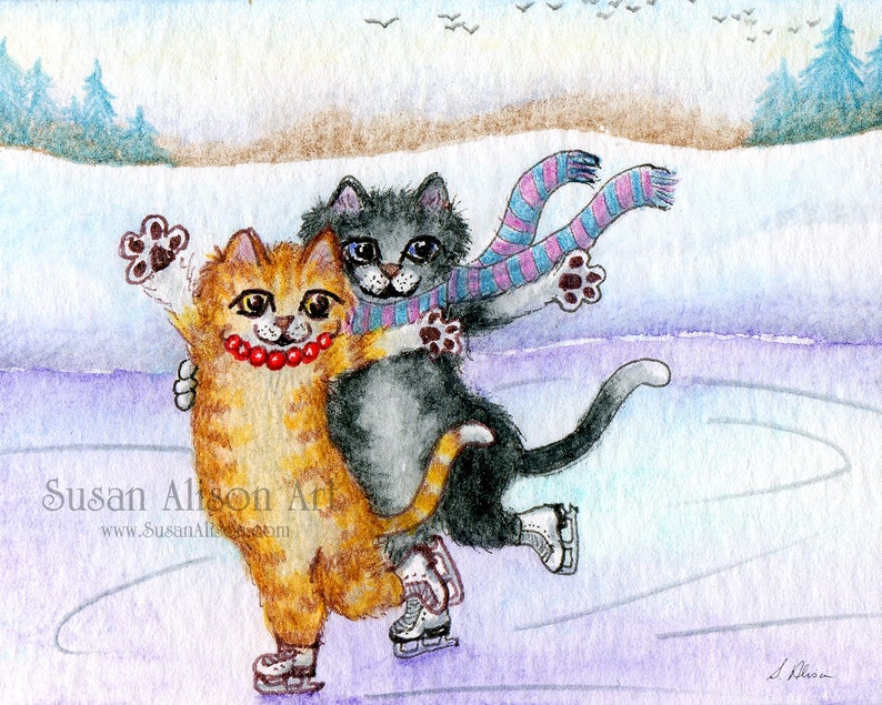 May include: Two cats ice skating on a purple and white ice rink. The cat on the left is orange and wearing a red beaded necklace. The cat on the right is black and wearing a blue and pink striped scarf. The text 'Susan Allison Art' and 'www.SusanAllisonArt.com' is in the lower left corner of the image.