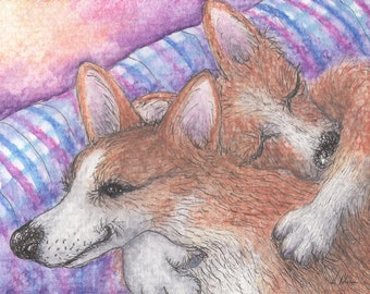 Welsh Corgi dog signed art print 5x7 and 8x10 inches from a Susan Alison watercolour painting hugs always available comfort dog close to you