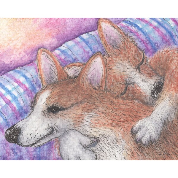 Welsh Corgi dog signed art print 5x7 and 8x10 inches from a Susan Alison watercolour painting hugs always available comfort dog close to you