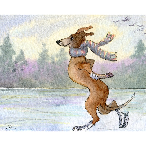 Ice skating whippet greyhound dog 5x7 8x10 inch print poster figure skating skater snowy landscape by Susan Alison cold crisp morning scarf