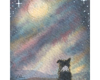 Border Collie dog 5x7 and 8x10 print sheepdog landscape I see the moon communing with moon night sky from Susan Alison watercolor painting