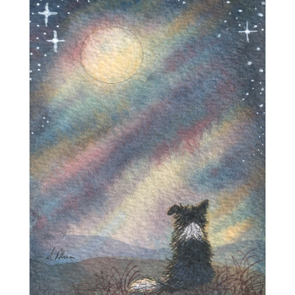 Border Collie dog 5x7 and 8x10 print sheepdog landscape I see the moon communing with moon night sky from Susan Alison watercolor painting