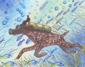 German Shorthaired Pointer liver roan deep sea diver 5x7 8x10 inch print dog ocean deep sea scuba diving under the sea snorkel snorkelling