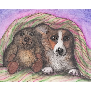 Welsh corgi dog 5x7 & 8x10 inch prints poster teddy bear hiding under a blanket Pembroke from a Susan Alison watercolour painting painting