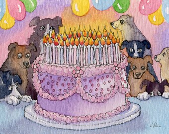 Birthday celebration cake print poster in 5x7 and 8x10" signed pals friends from a Susan Alison watercolour painting sharing lots of candles