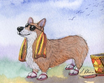 Welsh Corgi dog 8x10 inch art print dog in shades on the beach towel bucket spade sunshine from Susan Alison watercolor painting sunglasses
