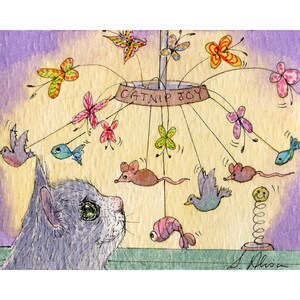 Silver tabby cat 5x7 and 8x10 inch signed art print kitten window shopping catnip mobile from a Susan Alison watercolour painting gift mouse