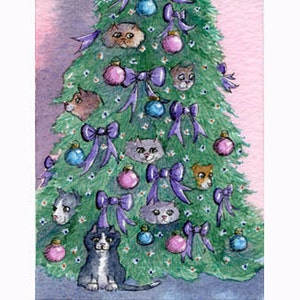 Cats hiding out in the Christmas tree 5x7 & 8x10 art print poster from Susan Alison watercolour painting holidays seasonal goodwill baubles