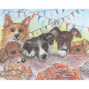 Welsh Corgi dog 5x7 & 8x10 art print Border collie whippet dogs street party queen's platinum jubilee celebrations Susan Alison sausage roll