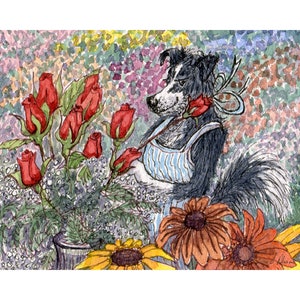 Border collie dog 5x7 & 8x10 print poster from watercolour painting by Susan Alison flower arranging flowers florist floral design red roses