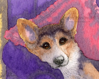 Welsh Corgi dog tri 5x7 & 8x10 inch print pup tricolor wisdom relax chill out chillax take a break from a Susan Alison watercolor painting