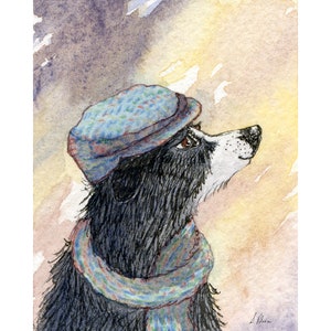 Let it snow Border Collie dog 8x10 and 5x7 inch signed print poster from a watercolour painting by Susan Alison sheepdog hat and scarf cold