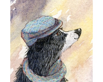 Laissez-le neiger Border Collie chien 20 x 10 et 5 x 7 pouces Poster impression signée d'une peinture à l'aquarelle de Susan Alison chien de berger chapeau et écharpe froide