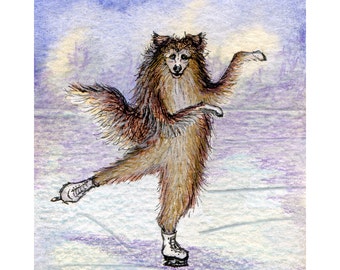 Sheltie dog 5x7 & 8x10 art print poster from a watercolor painting by Susan Alison ice skating gliding Shetland sheepdog figure snowy scene