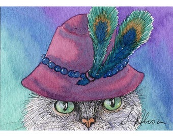 Original cat mini art ACEO silver tabby undercover cat cloche hat in disguise incognito - a Susan Alison watercolour painting miniature