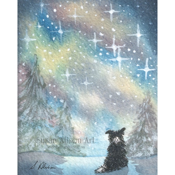 Border Collie dog 5x7 and 8x10 art prints sheepdog landscape hills mountains admiring view snowy evening starry starry night by Susan Alison