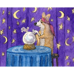 Welsh Corgi dog signed art print 5x7 & 8x10 inches from Susan Alison watercolour painting crystal ball fortune teller cross palm with silver