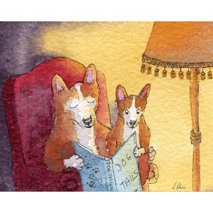 read aloud Welsh Corgi dog 5x7 & 8x10 inch art prints poster reading to child pup before bed bedtime from Susan Alison watercolour painting