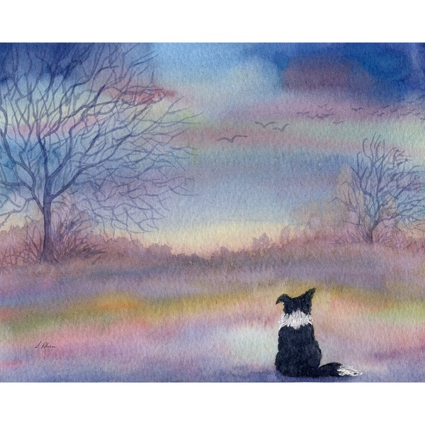 The smell of snow Border Collie dog 8x10 and 5x7 inch signed print poster hills landscape from painting by Susan Alison sheepdog winter cold