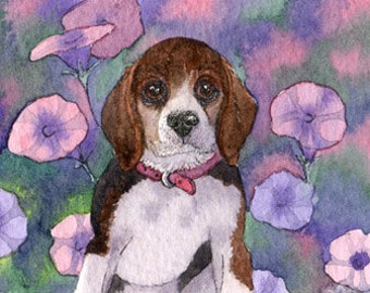 Beagle hound dog prints 5x7 & 8x10 poster scent hound from Susan Alison watercolour painting hunting gun dog small game pup petunia flowers