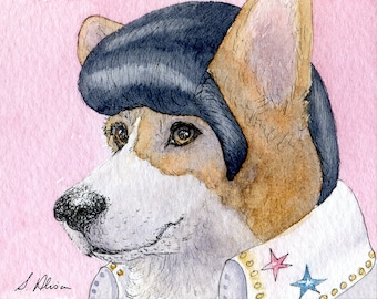 Pembroke Welsh Corgi chien 10x8 pouces impression d’art par Susan Alison Elvis Presley imitateur costume perruque Êtes-vous seul ce soir aquarelle