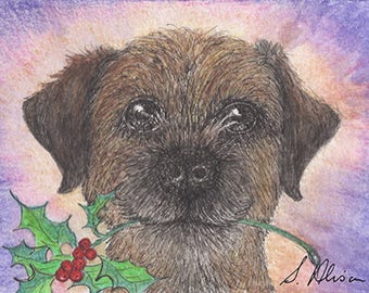 Border terrier dog pup puppy 8x10 inch art print by Susan Alison foxhound rough-coat happy holidays holly sprig Coquetdale Redesdale terrier