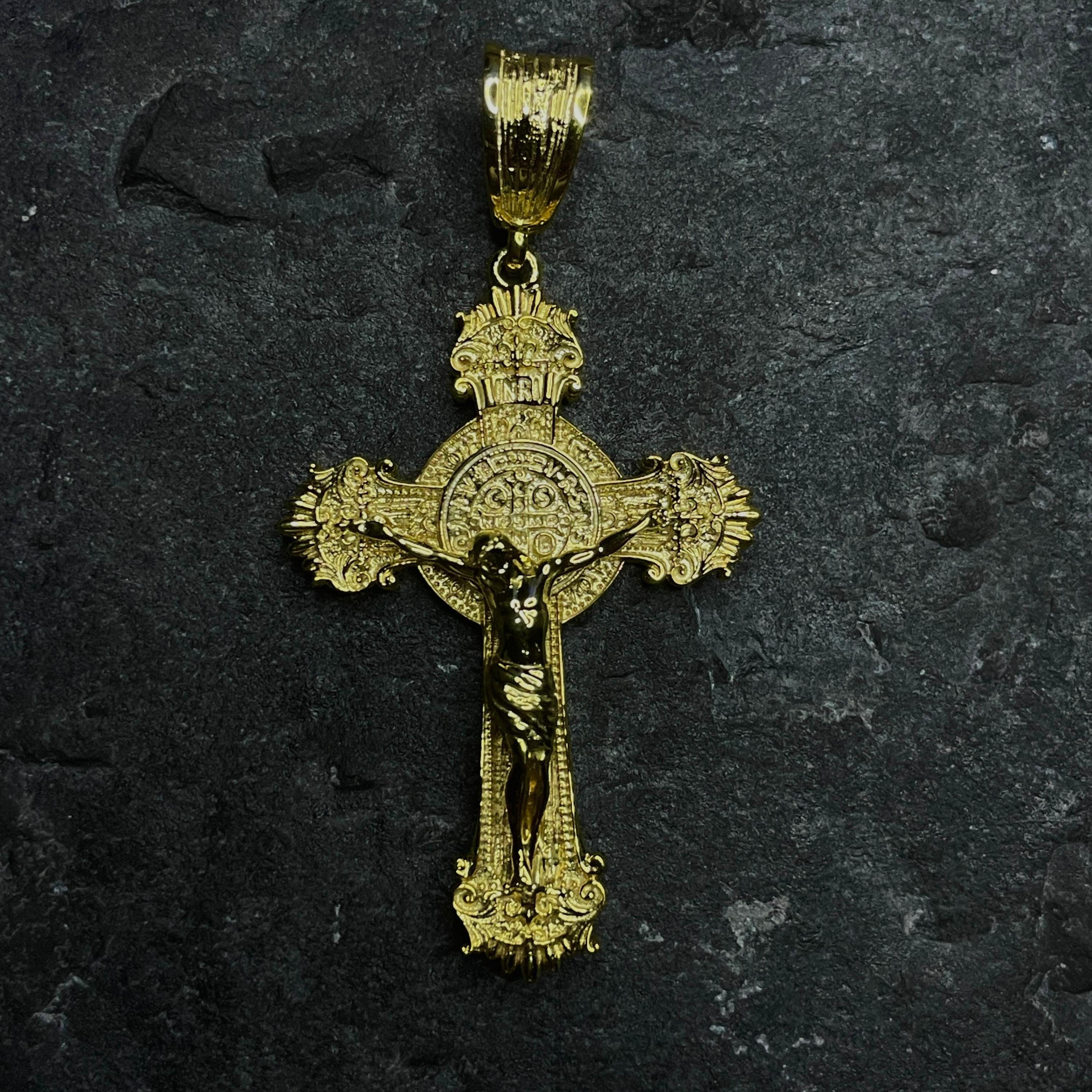 Handmade Crucifix Saint Benedict Gold Cross Necklace, Religious 14K Real Gold Pendant, Birthday Gift Jesus Pendant, Spiritual Catholic Gift