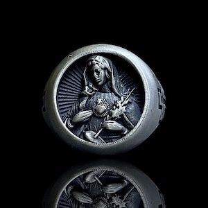 Anillo con sello de la Virgen María del Sagrado Corazón, anillos personalizados para hombres, regalo religioso de joyería cristiana, regalo católico de joyería hecha a mano