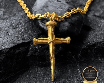 Handmade Nail Gold Cross Necklace, Religious 14K Real Gold Pendant, Christian Jewelry Birthday Gift, Husband Gift Crucifix Necklace