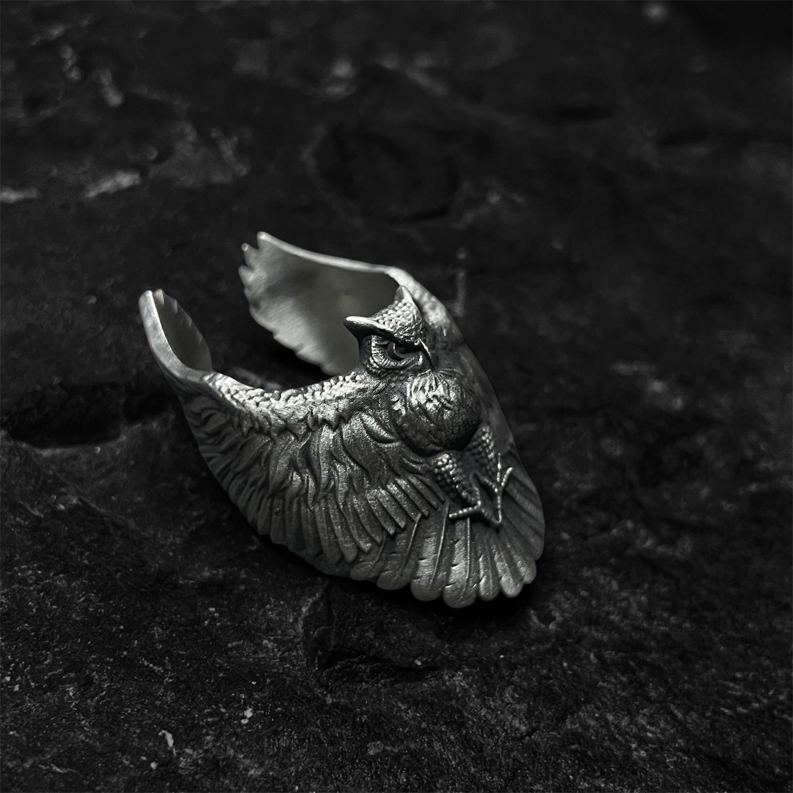 Silver Owl Ring, Boyfriend Gift Nature Inspired Animal Ring, Engraved Jewelry Birthday Gift, Gothic