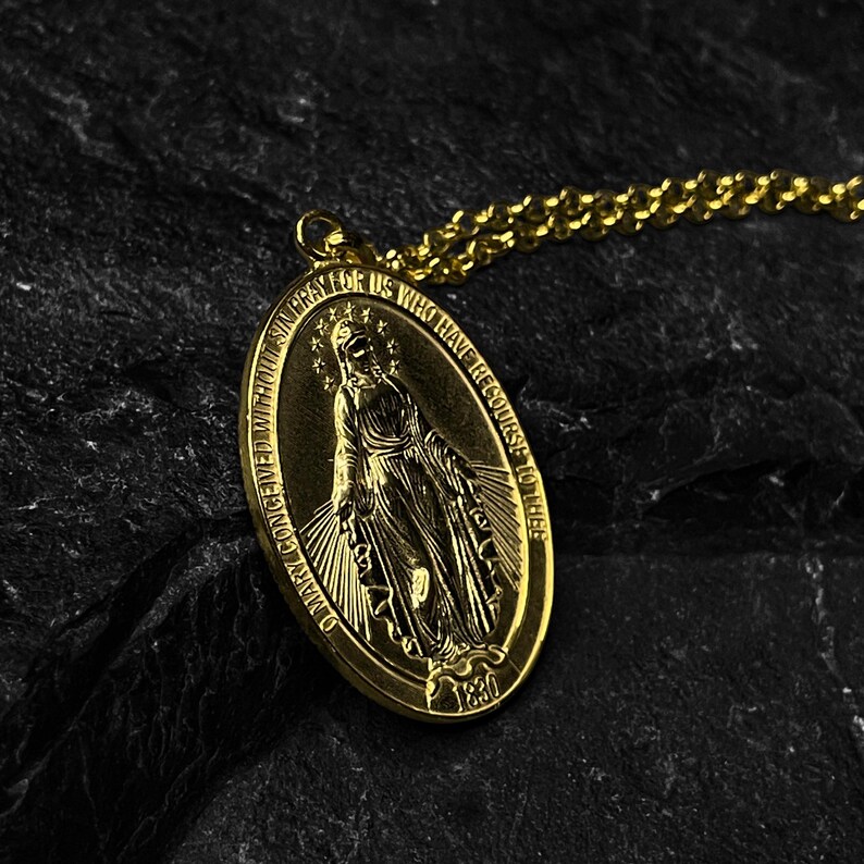 Virgin Mary Miraculous Medal Gold Pendant, 14k Real Gold Necklace ...