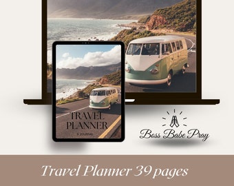 May include: A digital tablet displaying a travel planner journal with a green and white vintage van on a coastal road. The text on the tablet reads "Travel Planner Journal". The tablet is on top of a laptop computer with a similar image on the screen. The laptop is closed. The text "Boss Babe Pray" is below the laptop.
