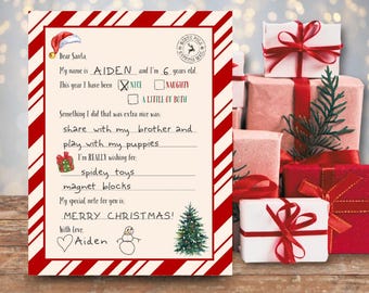 May include: A red and white striped letter to Santa Claus from a child named Aiden. The letter includes a checklist for being nice or naughty, a space to write about something nice the child did, and a list of Christmas wishes. The letter is decorated with a snowman and a Christmas tree.