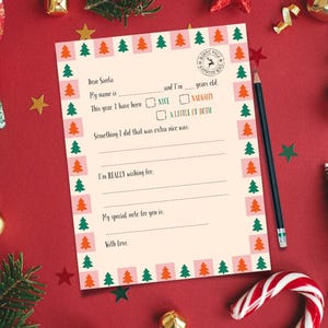 Druckbarer Brief an Santa - Personalisierter Lieber Santa Brief | Kinder Weihnachtswunschliste | DIY Urlaub Brief | Retro Baum-Muster-Vorlage