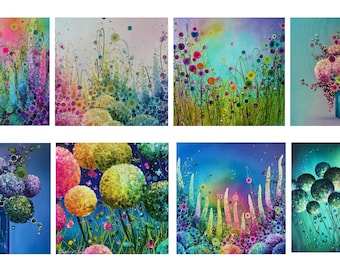 Collection de cartes de voeux scintillantes embellies à la main - Leanne Christie - lot de 8 cartes, fleurs arc-en-ciel, alliums, bouquets, fleurs dans un pot