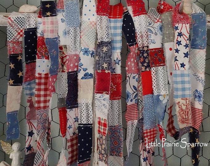 Red White & Blue Patchwork Hand Torn Fabric Ribbon for Journal, 4th of ...